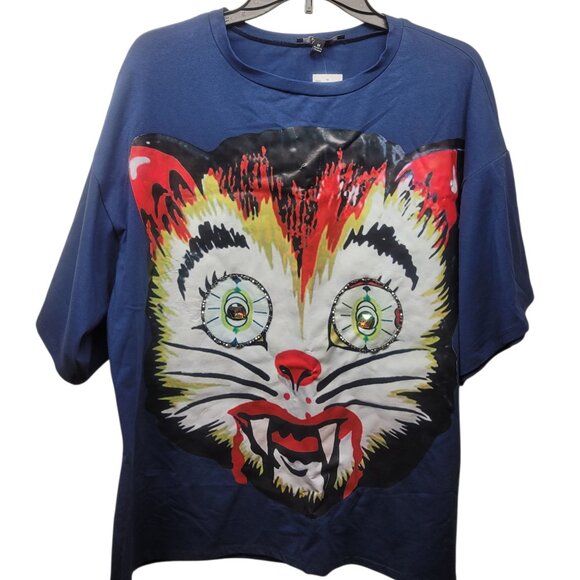 Spooky Vampire Cat Fangs Halloween Graphic T Shirt Oversized Unisex Unworn M (XL - Picture 1 of 10